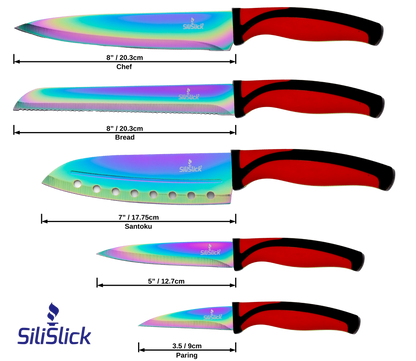 Kitchen Knife Set Kit | Red Handle & Black Magnetic Rack